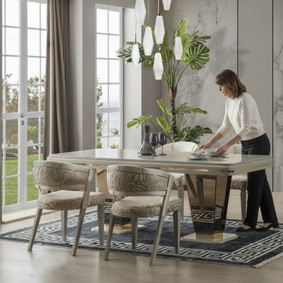 Garnituur Luxe eetgroep Eetkamer Eettafel Stoelen Eethoek Beige 7-delig