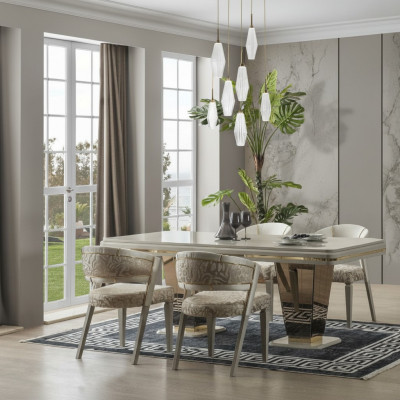 Garnituur Luxe eetgroep Eetkamer Eettafel Stoelen Eethoek Beige 7-delig