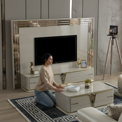 TV-standaard RTV Lowboard dressoir woonkamer Goud Beige Luxe Hout Nieuw