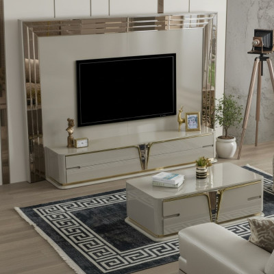 TV-standaard RTV Lowboard dressoir woonkamer Goud Beige Luxe Hout Nieuw