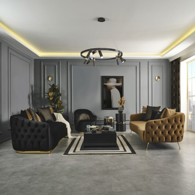 Chesterfield bankstel bank fauteuil blauw polyester luxe set 3-delig  Chesterfield bankstel bank fauteuil blauw polyester luxe set 3-delig