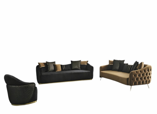 Chesterfield bankstel Bank 3-zits fauteuil Blauw Polyester set 2-delig