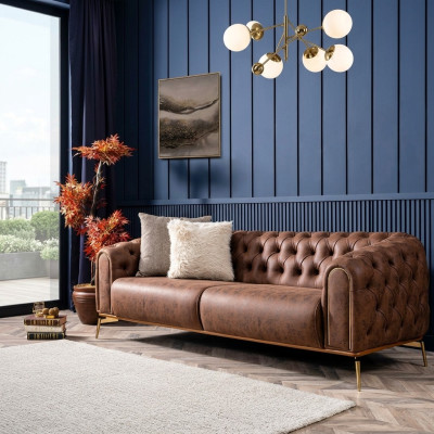 Chesterfield vierzitsbank 4-zitsbank polyester bruin kunstleer