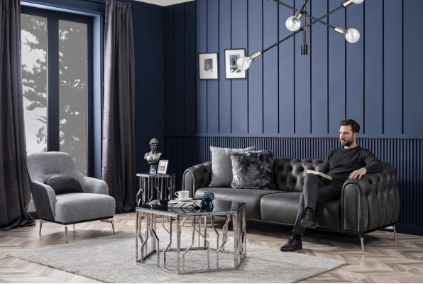 Chesterfield set bank 4 zits fauteuil viersitter kunstleer zwart