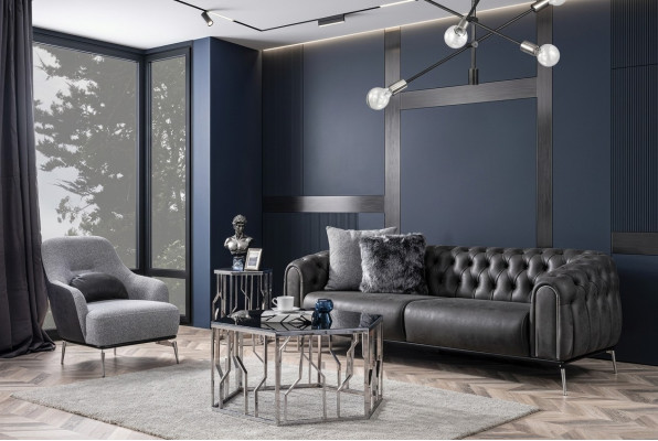 Chesterfield set bank 4 zits fauteuil viersitter kunstleer zwart