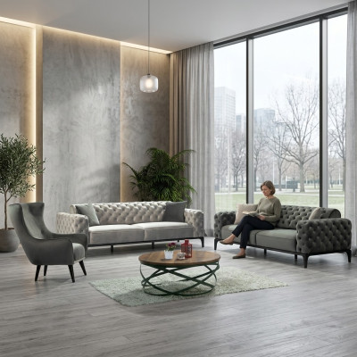Chesterfield bankstel Bank 3-zits stof grijs Luxe bankstellen Zitplaatsen Chesterfield bankstel Bank 3-zits stof grijs Luxe bankstellen Zitplaatsen