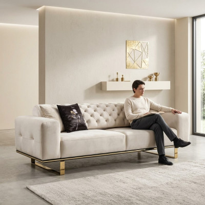 Driepersoons Chesterfield bank 3-zits bank Witte stof Woonkamer Luxe