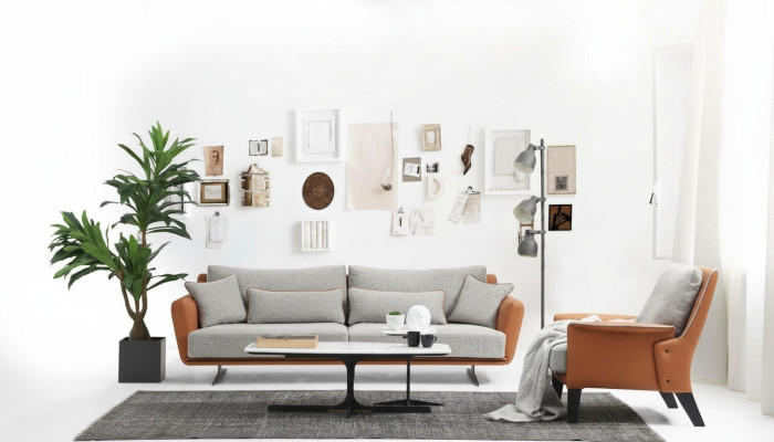 Bankstel 3-zits woonkamerbank oranje stof fauteuil driezits