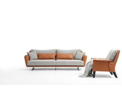 Bankstel 3-zits woonkamerbank oranje stof fauteuil driezits