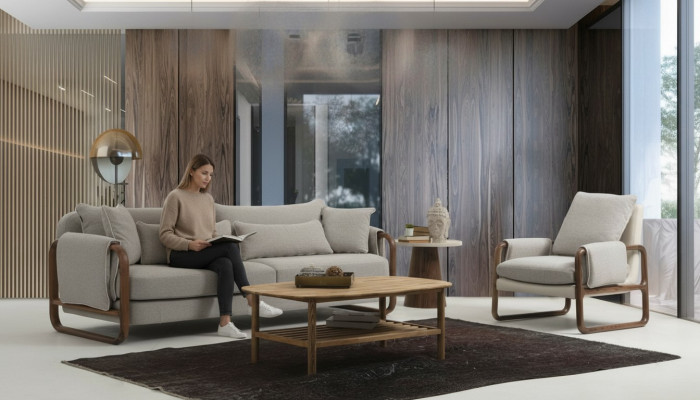 Sofa set 4-zitter fauteuil vierzitter modern stof grijs set ontwerp