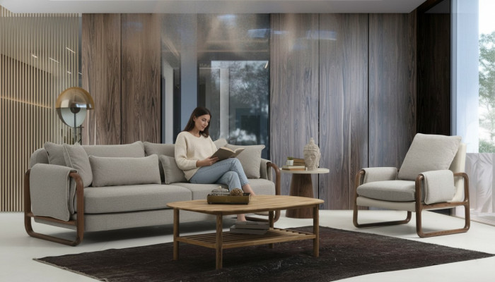 Bankstel 21-zits fauteuil tweezitter modern stof grijs set design
