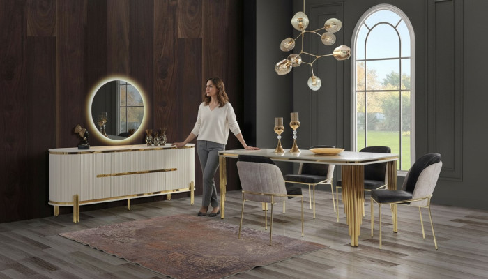 Luxe eetkamerset eetgroep eettafel stoelen set van 6 delig goud wit