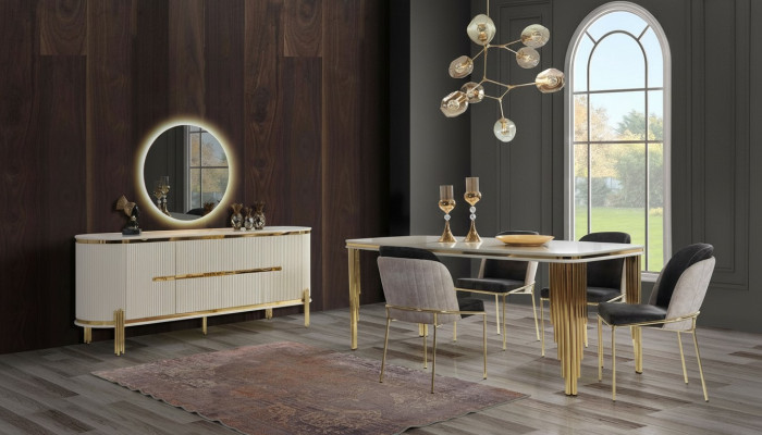 Luxe eetkamerset eetgroep eettafel stoelen set van 6 delig goud wit