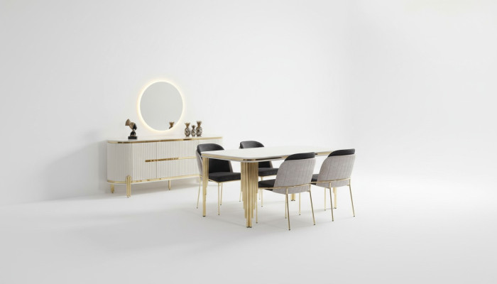 Luxe eetkamerset eetgroep eettafel stoelen set van 6 delig goud wit