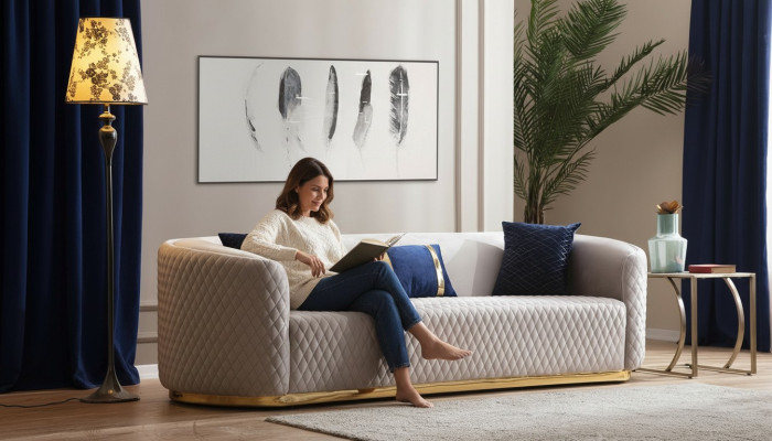 Beige driezits roestvrijstalen meubels luxe bankstellen design woonkamermeubels