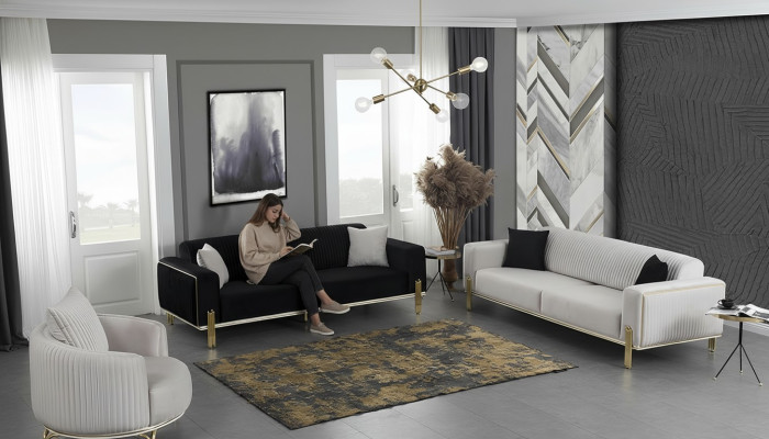 Luxe bankstel voor drie personen Moderne fauteuil Stoffen meubelset 3-delig Zwart 3 + 3 + 1
