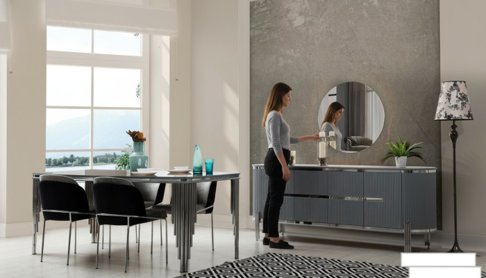 Grijze eetkamertafel Luxe eetgroep Eettafel Stoelen Dressoir 6-delig