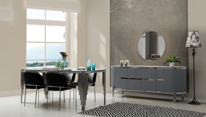Grijze eetkamertafel Luxe eetgroep Eettafel Stoelen Dressoir 6-delig