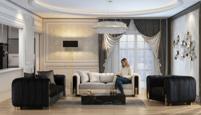Moderne bankstel 2x driezitter + fauteuil stoffering roestvrijstalen meubels 3-delig