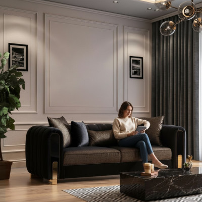 Bank Driezitter Modern Zwart Stoffen Bankstel Ontwerp Woonkamer