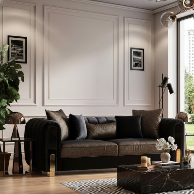 Bank Driezitter Modern Zwart Stoffen Bankstel Ontwerp Woonkamer