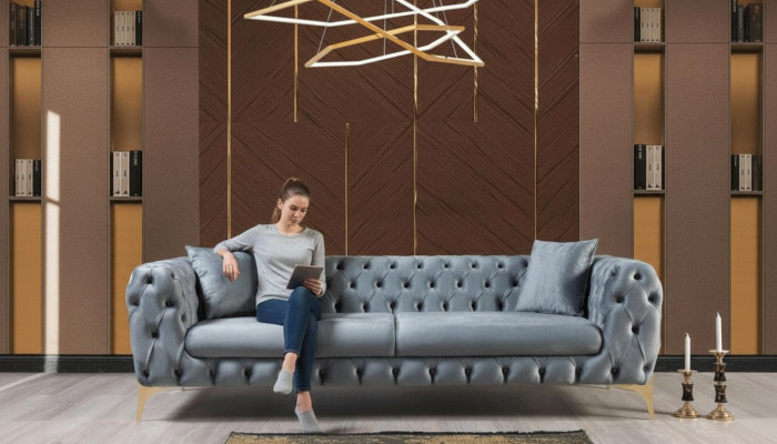 Moderne driezits Chesterfield meubels van roestvrij staal, polyester woonkamermeubels.