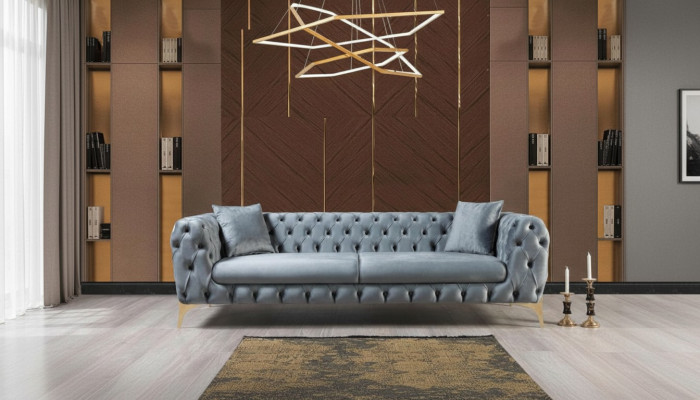 Moderne driezits Chesterfield meubels van roestvrij staal, polyester woonkamermeubels.