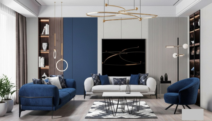 Moderne bankstel Luxe bankstellen Driezits fauteuil Blauw Zitmeubels 3-delig