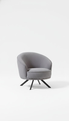 Moderne grijze fauteuil met roestvrijstalen poten, stoffen bekleding van polyester, en geschikt voor één persoon.