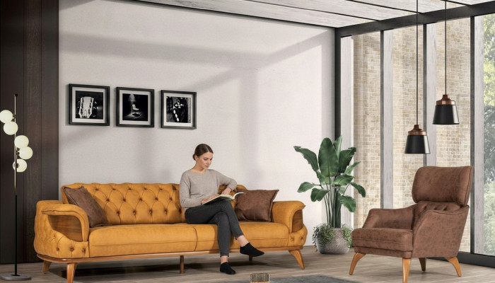 Moderne Chesterfield bankstel driezits Luxe banken fauteuil geel 2-delig
