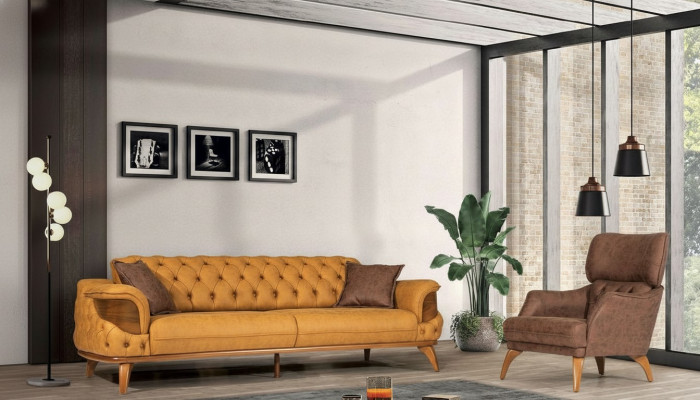 Moderne Chesterfield bankstel driezits Luxe banken fauteuil geel 2-delig