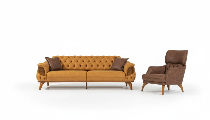 Moderne Chesterfield bankstel driezits Luxe banken fauteuil geel 2-delig