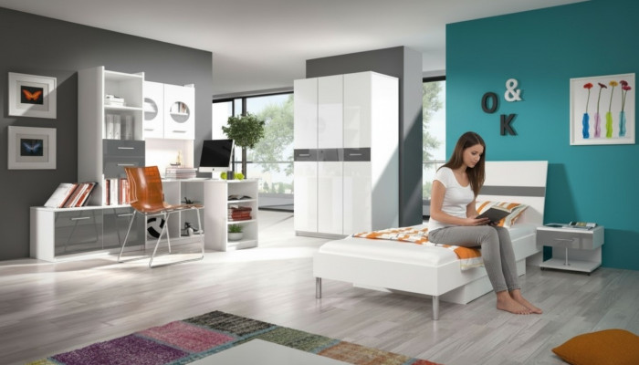 Grijze kinderkamer Compleet eenpersoonsbed Kledingkast Commode 5-delige tienerkamer