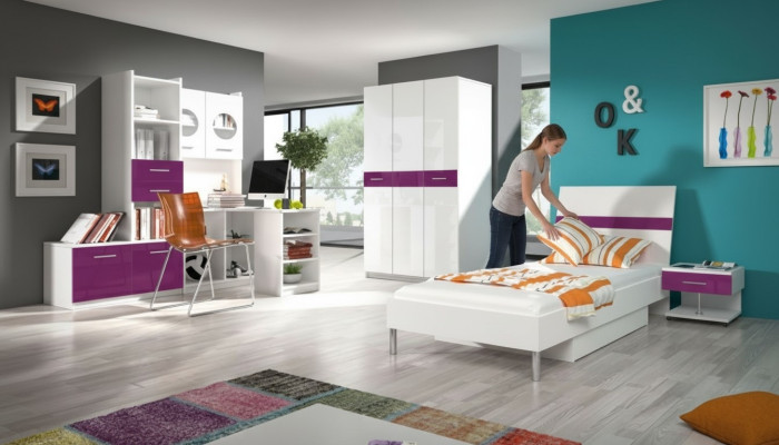 Bed + Nachtkastje Slaapkamer Jeugdkamer Kinderkamer Set Meubels Paars 2-delig.