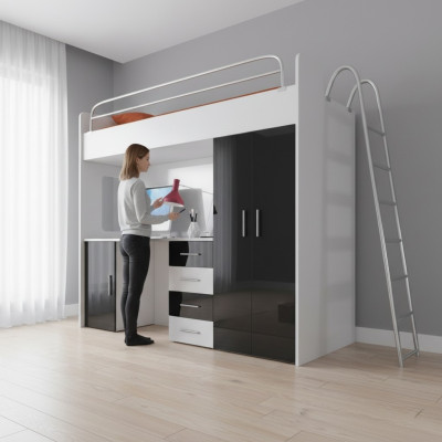 Zwart stapelbed van hout Meisjes hoogglans bureau kast