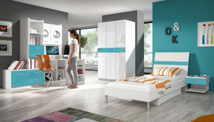 Kinderkamer Turkoois Modern Kast Commode Hout Tafel Slaapkamer Jeugd 5-delig