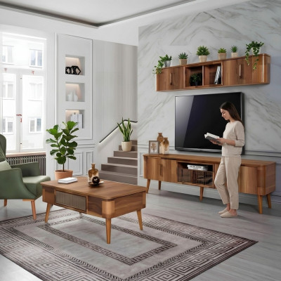 rtv tv dressoir Lederen Houten Tafel TV-kast Tafel Design Laag 2-delig Set Nieuw