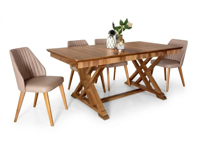 Set van 6 luxe eetkamerstoelen en eettafel, 7-delige complete eetkamerset.