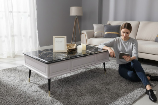 Woonkamer salontafel steenachtige tafel bijzettafel bank tafels woonkamer