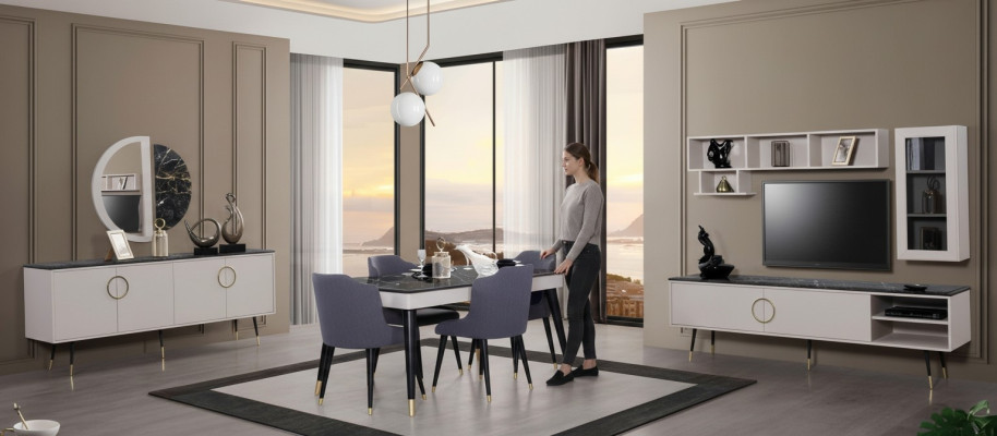 Complete eetkamerset 7-delig Eetkamer Dressoir Set Modern Tafel 4x Stoelen rtv