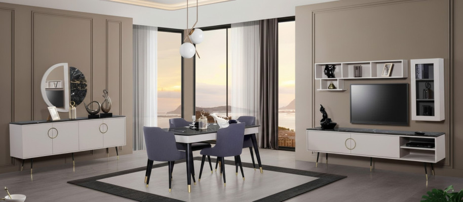 Complete eetkamerset 7-delig Eetkamer Dressoir Set Modern Tafel 4x Stoelen rtv
