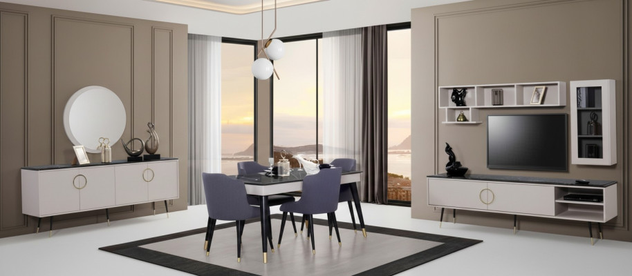 Complete eetkamerset 7-delig Eetkamer Dressoir Set Modern Tafel 4x Stoelen rtv