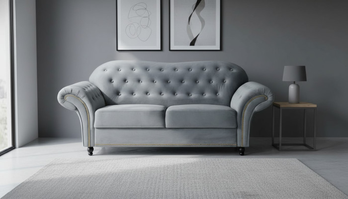 Tweezits grijze Chesterfield bank gestoffeerde meubels stof banken banken textiel -> Tweezits grijze Chesterfieldbank gestoffeerd met meubelstof banken textiel