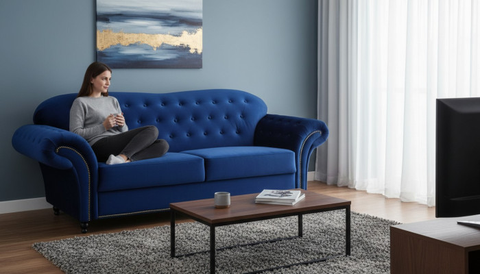 Driepersoonsbank van textiel Blauwe bank Bekleding Meubilair Inrichting Banken Banken