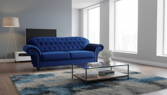 Driepersoonsbank van textiel Blauwe bank Bekleding Meubilair Inrichting Banken Banken