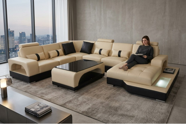 Leren bank Moderne bank ontwerp Woonlandschap + Tafel Hoekbank Zitplaatsen met USB