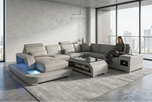 Hoekbank met USB-bekledingbank grijs lederen garnituur moderne woonlandschap