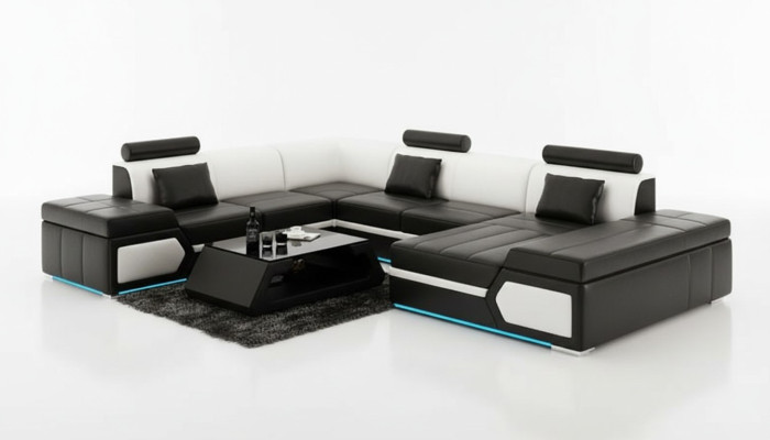 Leren bank Bank Bank Woonlandschap Hoekbank Set Ontwerp Modern Zwart +USB