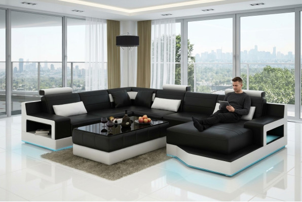 Ontwerp Leren Hoekbank Moderne Bankstel met Chaise Longue Hoek Zwart USB Nieuw