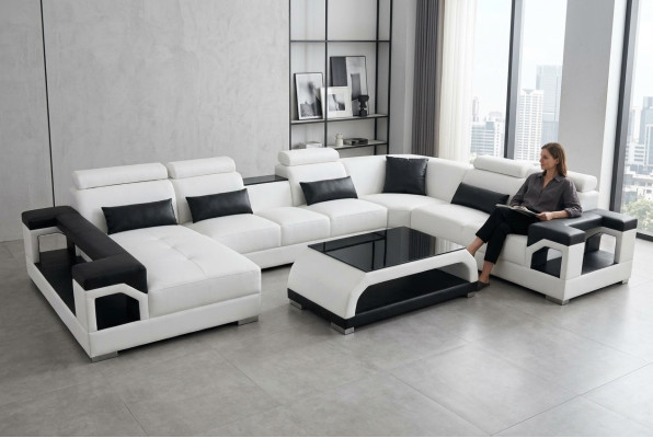 Leren hoekbank sofa Moderne zitbankontwerp Woonlandschap + Tafel + USB